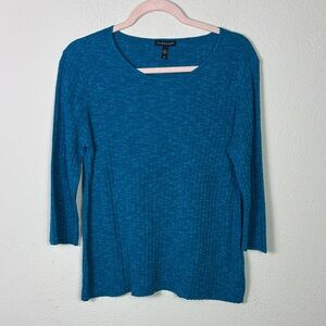 Eileen Fisher Organic Linen Cotton Blend Knit Slub Top 3/4 Sleeve Teal Blue S